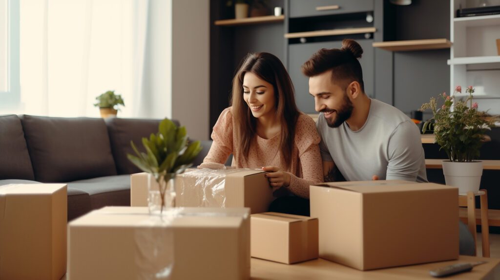 StorageBlue Homepage Hero Image - Happy Couple Packing Moving Boxes